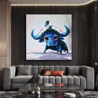 Hand Painted Modern Animal Oil Painting Cute Blue Cow Canvas Painting Home As