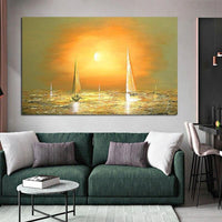 Hand Painted Simple Yellow Sea View Boat Oil Painting Fors Decoration Canvas Art