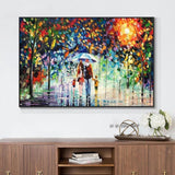 Hand Painted On Canvas Abstract Families Walking In The Rain With Umbrella Decorative