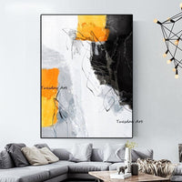 Hand Painted Oil Painting Modern Black White Yellow Line Abstract Canvas Decor