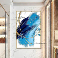 Hand Painted Oil Paintings Abstract Simple Blue White Gold Foil On Canvas Modern