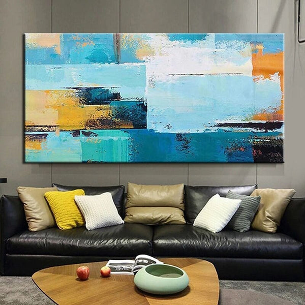 Hand Painted Modern Minimalist Canvas Oil Painting Abstract Color Block Blue Yellow Art Room