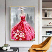 New Hand Painted Girl With Red Dress Oil Painting on Canvas