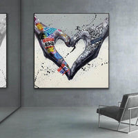 Hand Painted Street Art Oil Painting Canvas Modern Hand is Love Abstract Wall Art in Livingroom Decor Home