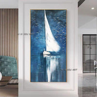 White Boat Sailing Hand Painted Decoracion Canvas Wall Art Decor