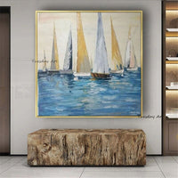 Modern Hand Painted Art Oil Painting Blue Sea Ship Canvas Classical For Living Home Room