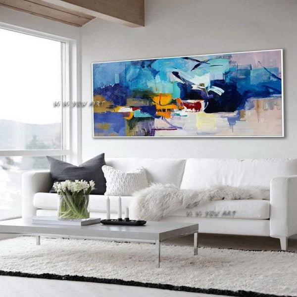 Hand Painted Colorful Blue Modern Artwork Horizontal Panoramic Abstract Office