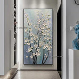 Hand Painted Abstract White Flowers Tree Modern On Canvas Decor Office
