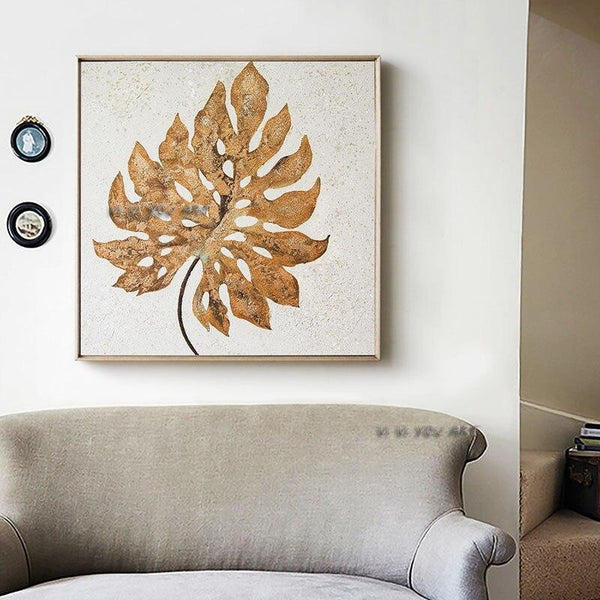 Hand Painted Abstract Canvas Minimalist Golden Leaf Modern