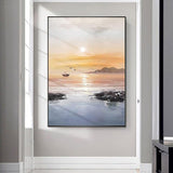 Sea Oil Painting Hand Painted Canvas Yellow Abstract Sunset Seascape Painting Hallway