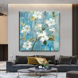 White Flower Oil Painting On Canvas Modern Blue landscape