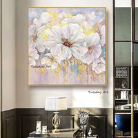 Hand Painted Oil Painting Classic White Flowers Gold Foil Abstract Canvas Modern Decor Floral