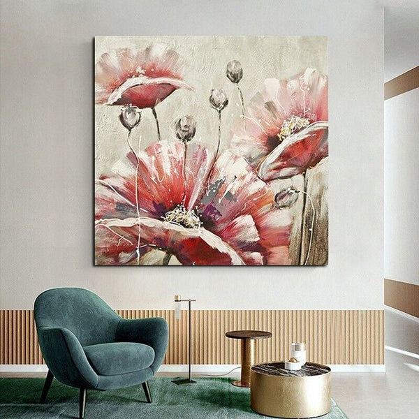 Hand Painted Oil Painting Modern Vintage Red Flowers Abstract Canvas Painting Room Decors