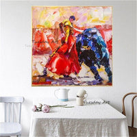 Hand Painted Character Oil Painting Animal Abstract Spanish Matador And Bull Mural Thick Texturess