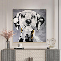 Hand Painted Modern Abstract Animal Canvas work Hand Painted Funny Black and White Dog Art Oil Painting