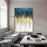 Hand Painted Abstract On Canvas Gold Foil Blue and White Minimalist Modern Wall Art Decorative