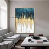 Hand Painted Abstract On Canvas Gold Foil Blue and White Minimalist Modern Decorative