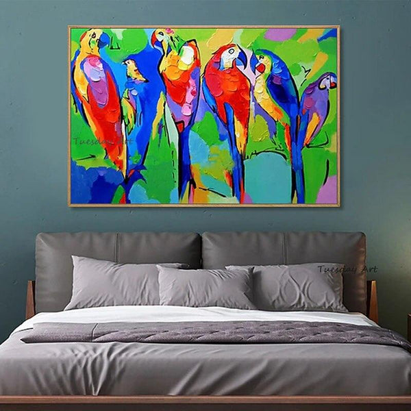 Hand Painted Color Parrot Oil Painting On Canvas Abstract Birds Animal Pop Art Wall Painting For Room