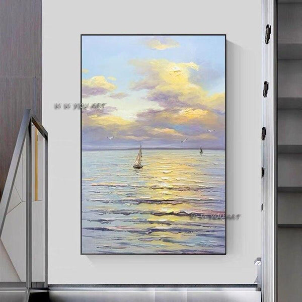 Landscape Boat at Sea On Canvas Painting Modern Abstract Blue Decoration