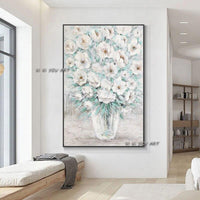 Hand Painted White Flowers With Green Leaves Painting On Canvas Decorative