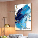 Hand Painted Oil Paintings Abstract Simple Blue White Gold Foil On Canvas Modern