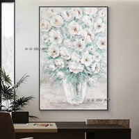 Hand Painted White Flowers With Green Leaves Painting On Canvas Decorative