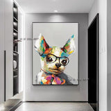 Hand Painted High Quality Lovely Animal Dog on Canvas Cartoon Handsome Dog with Glasses Oil Painting