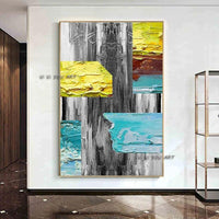 Hand Painted On Canvas Yellow Blue Geometric Modern Abstract Office Home Interior Mural