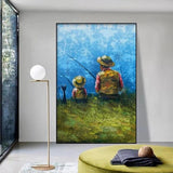 Hand Painted Modern Abstract Father and Son Fishing Wall Paintings Canvas Art