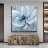 Pure Hand Painted Abstract Blue Flower Home Good Canvas Wall Art Wall Hanging Artwork For Decor