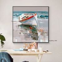 Hand Painted Boat On Seaside Oil Painting On Canvas Hand Painted Painting