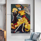 Modern Hand Painted Canvas elegant Skeleton Lady Mexico Day of the Dead Wall Art for