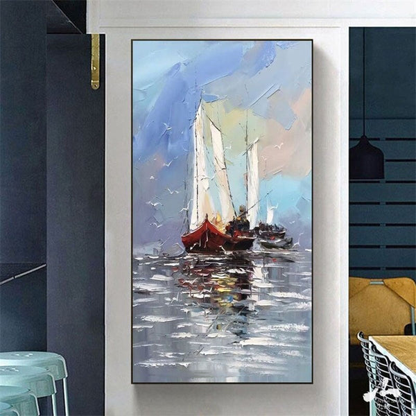 Hand Painted Modern Oil Paintings Abstract Seascape Wall Art Sailboat the Sea Canvas Painting Decor