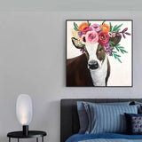 Hand Painted Modern Animal Art Cow with flowers Wall Canvas Art Oil Painting