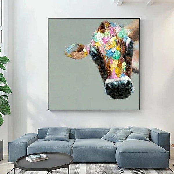 Hand Painted Oil Painting Cartoon Cute Animal Colorful Cow Painting Living Canvass