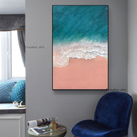 Hand Painted Abstract Sea Landscape Painting Of Blue Water And White Spray On Pink Beach Modern Artwork