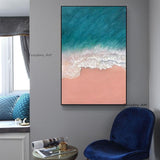 Hand Painted Abstract Sea Landscape Painting Of Blue Water And White Spray On Pink Beach Modern Artwork