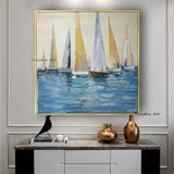 Modern Hand Painted Art Oil Painting Blue Sea Ship Canvas Classical For Living Home Room