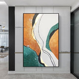 Abstract Golden Foil Hand Painted Canvas Painting Orange Green Contemporary Modern