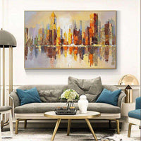 Abstract Art Hand Painted Gold City Building Landscape Canvas Oil Painting Modern Decor Wall Picture For Living Room