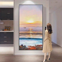 Hand Painted Beautiful Oil Painting Seascape Sea Sunset Seagull Reef Orange Yellow Background Modern Canvas Painting Porch Mural