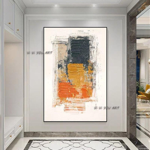 Hand Painted Contemporary Orange and Blue Abstract Minimalist Modern Decorative