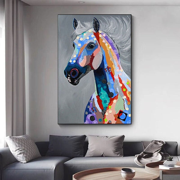 Colorful Cute Modern Animal Hand Painted Horse Canvas Oil Painting Bedroom