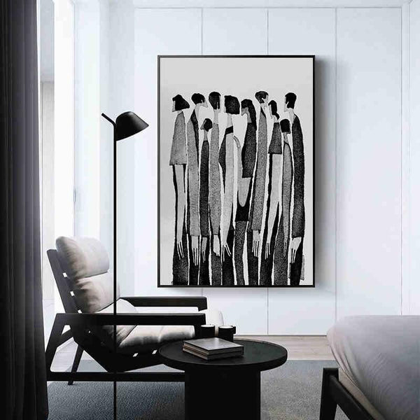 Modern Black White Hand Painted Abstract Characters Fashion Painting Canvas Arts