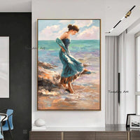 Hand Painted Lady with Blue Dress Oil Painting on Canvas Beauty Lady Walking on Beach Oil Painting for