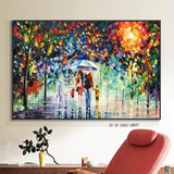 Hand Painted On Canvas Abstract Families Walking In The Rain With Umbrella Decorative