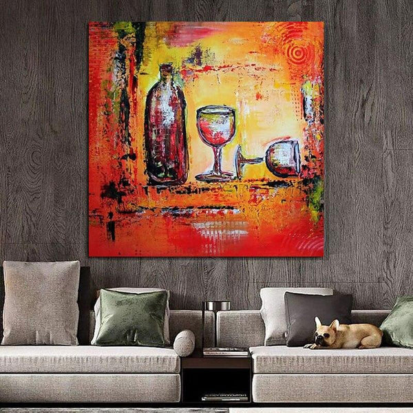 Hand Painted Oil Painting Impression Still Life Abstract 1 Pieces Still Life Wine And Cup Wall Art For Kitchen