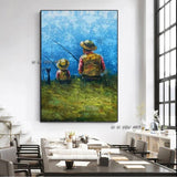 Hand Painted Modern Abstract Father and Son Fishing Wall Paintings Canvas Art