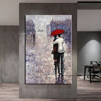 Hand Painted Abstract Couple Walking in the Rain Oil Painting on Canvas