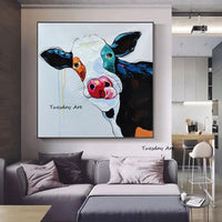 Hand Painted Oil Painting Modern Abstract Cute Cow Animal Art Wall Canvas Decor